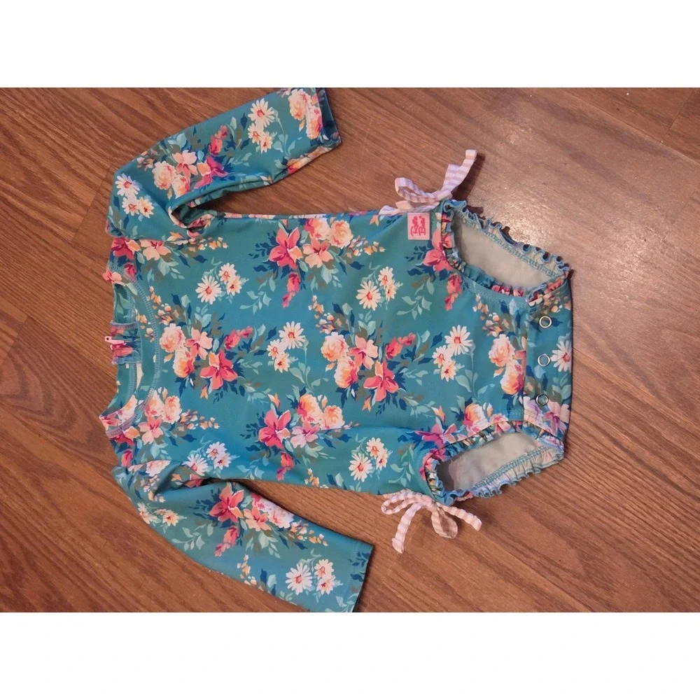 RuffleButts Baby Girls Teal Floral Long Sleeve Rash Guard Swimsuit 12-18M